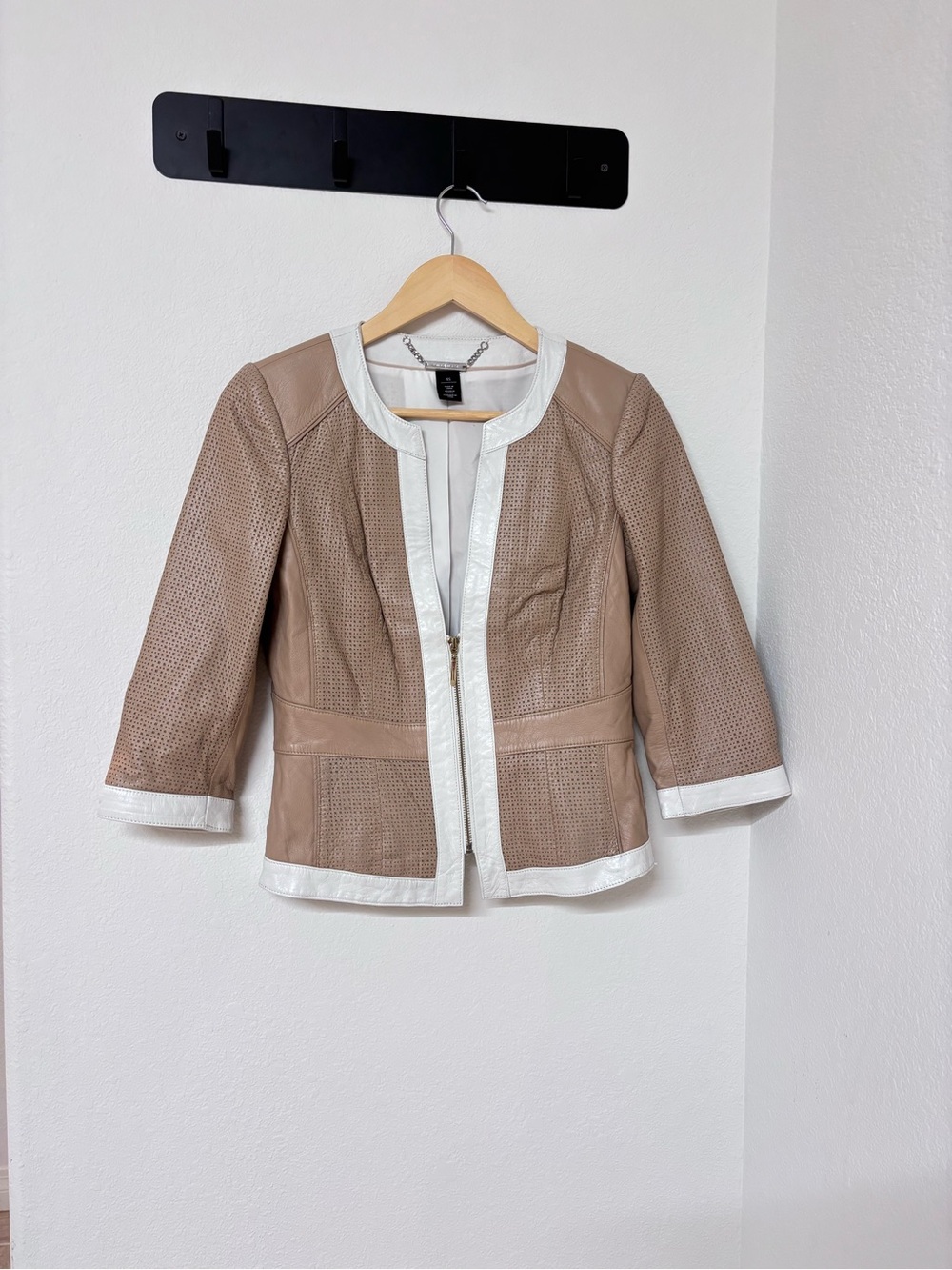 Women's Taupe Leather Jacket with White Trim by Unknown Brand